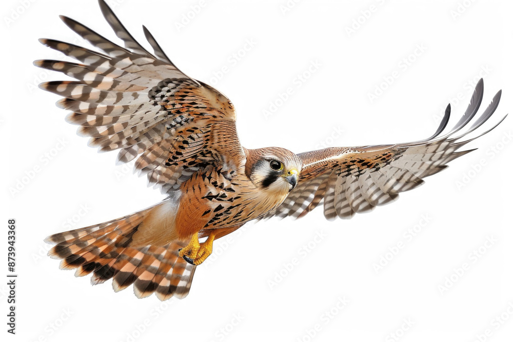 Fototapeta premium A kestrel mid-soar, wings wide, isolated on a white background