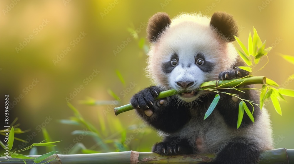 Cute funny panda cub eating bamboo Cute funny panda cub eating bamboo