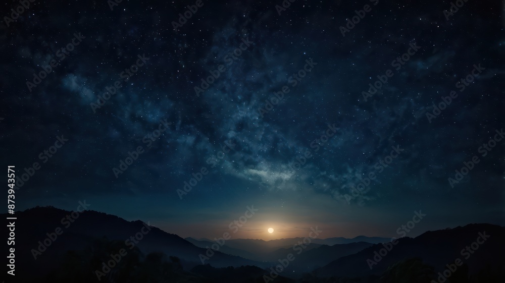 Naklejka premium night, sky, moon, dark, star, tree, stars, landscape, nature, silhouette, full, light, forest, blue, space, moonlight, clouds, trees, christmas, black, astronomy, halloween, sunset, time, illustration