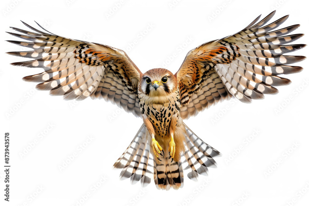 A kestrel mid-soar, wings wide, isolated on a white background A kestrel mid-soar, wings wide, isolated on a white background