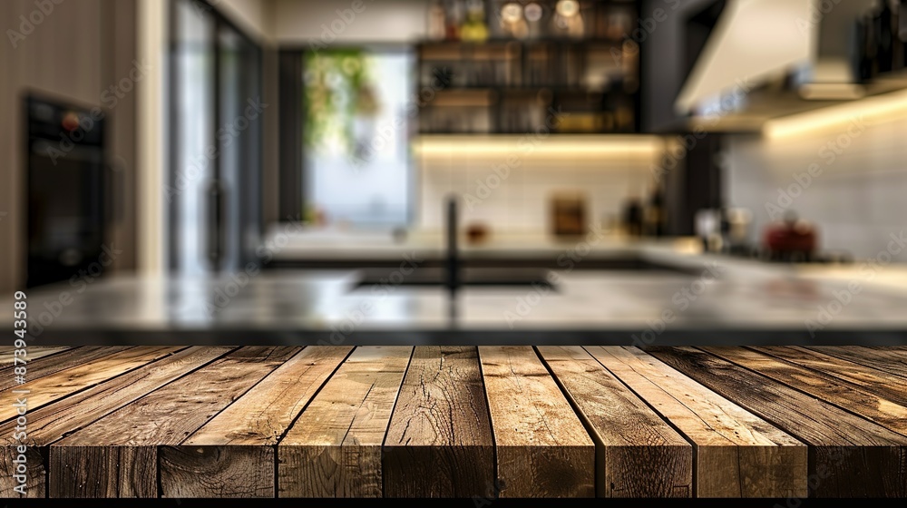 Wooden Kitchen Table in Cozy Bright Kitchen with Indoor Plants and Modern Decor Wooden Kitchen Table in Cozy Bright Kitchen with Indoor Plants and Modern Decor