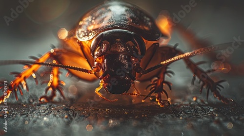Moody and Atmospheric Close up of Crawling Cockroach Accentuating Armored Carapace and Intricate Leg Structure