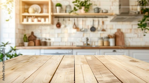 Wooden Kitchen Counter in Modern Interior with Plants and Bright Natural Light