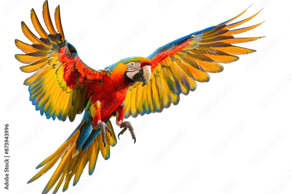 Obraz premium A macaw mid-flight, wings colorful, isolated on a white background