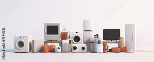 household essentials appliances, 3d rendering set of modern household appliances on white background.