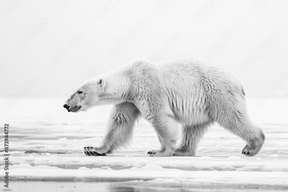 Fototapeta premium Polar bear walking across icy terrain, with a powerful stride