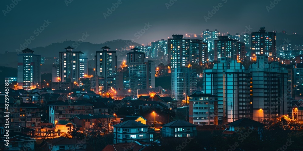 Obraz premium Glowing Cityscape: Real Estate Website Background