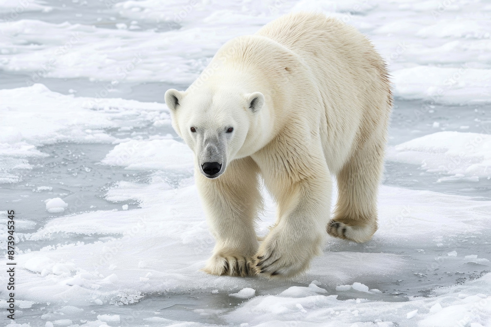 Polar bear walking across icy terrain, with a powerful stride Polar bear walking across icy terrain, with a powerful stride