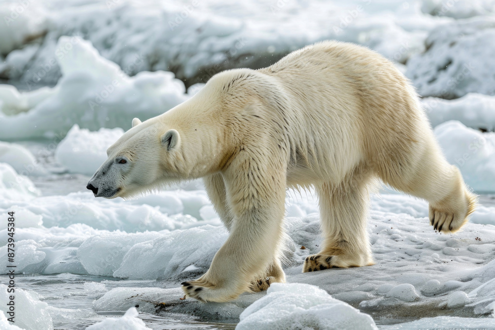 Polar bear walking across icy terrain, with a powerful stride Polar bear walking across icy terrain, with a powerful stride