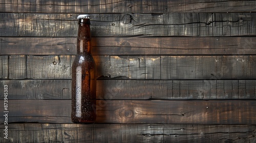 Single brown beer bottle on rustic wooden background