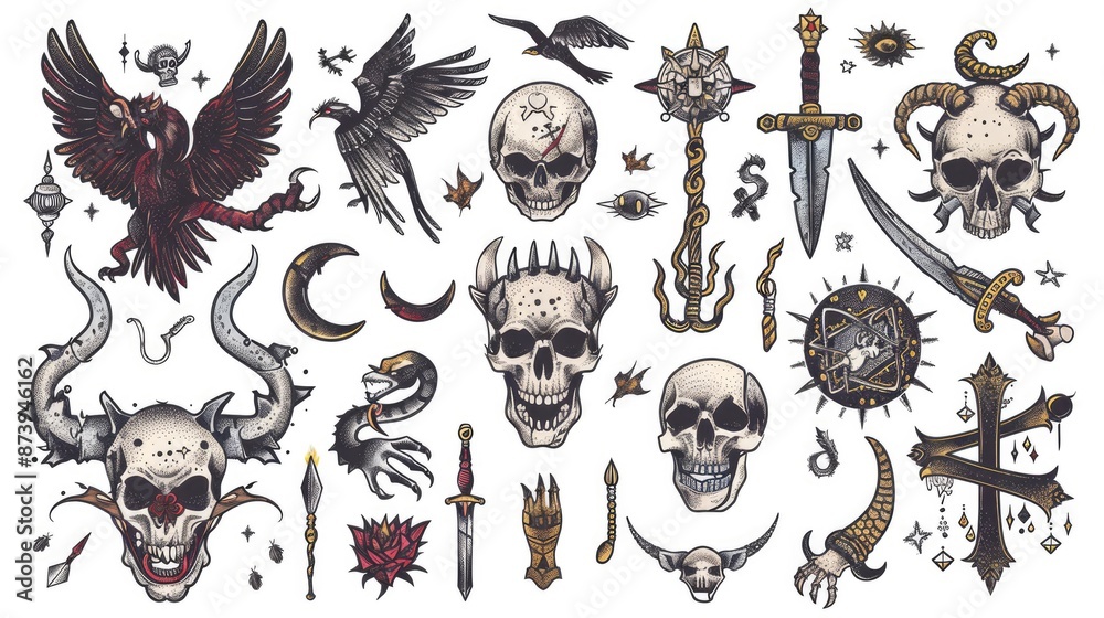 Naklejka premium In the picture, there is a set of tattoo elements, including numerous skulls, weapons, and various decorative elements.