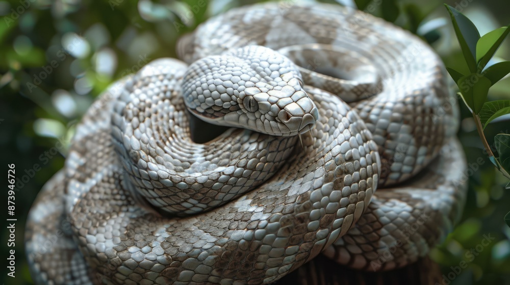 Fototapeta premium Serene Snake Coiled in Peaceful Repose Amid Natural Foliage