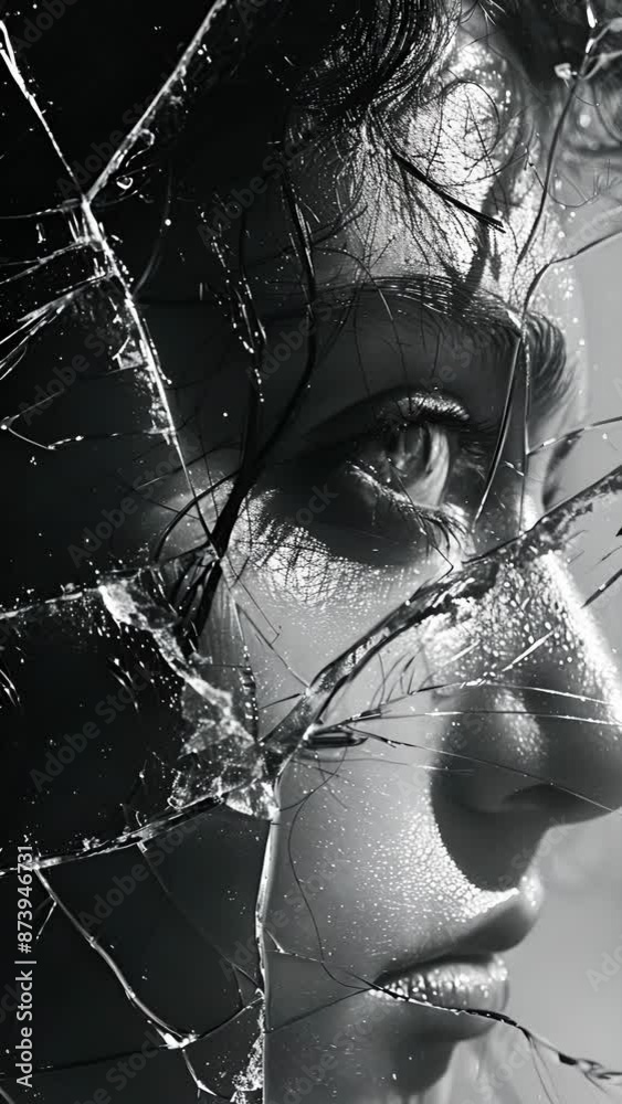 A closeup of a persons reflection in a broken vanity mirror showcasing their raw and vulnerable emotions. Black and white art