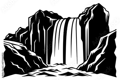 Waterfall Cascades,Water tumbling down rocky cliffs vector silhouette