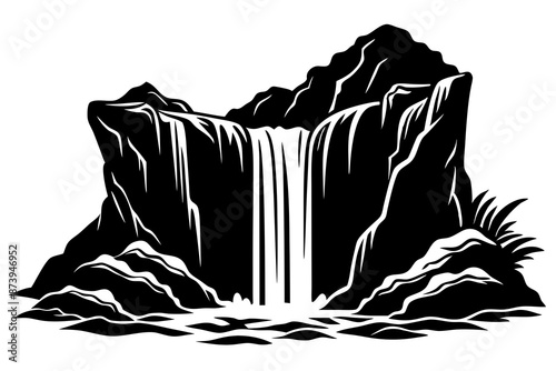 Waterfall Cascades, Water tumbling down rocky cliffs vector silhouette