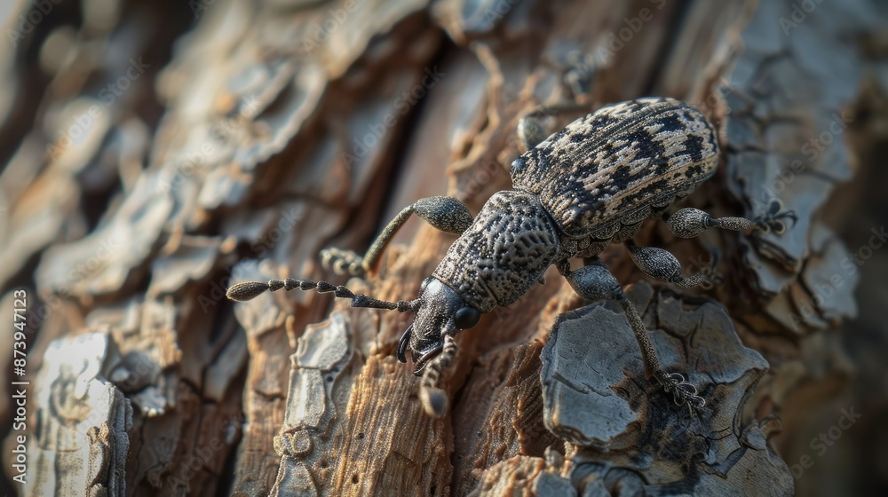 Obraz premium Detailed Weevil Crawling on Weathered Tree Bark with Intricate Textures and Naturalistic Shading