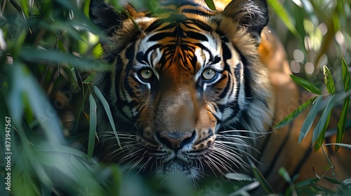 Majestic Tiger Peers Through Dense Jungle Foliage photo