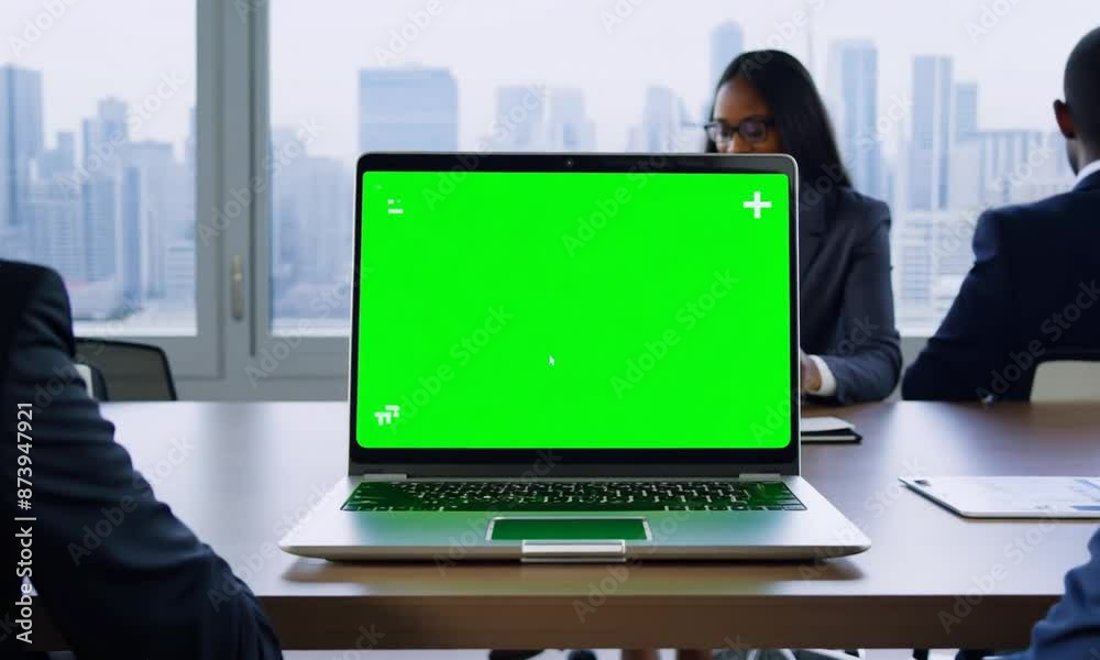 A group of people are sitting around a table with a green screen in the middle. The green screen is blank, but the people are dressed in business attire and appear to be in a meeting A group of people are sitting around a table with a green screen in the middle. The green screen is blank, but the people are dressed in business attire and appear to be in a meeting