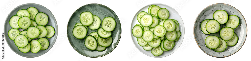 Plate of sliced cucumbers, top view, isolated, PNG set Plate of sliced cucumbers, top view, isolated, PNG set