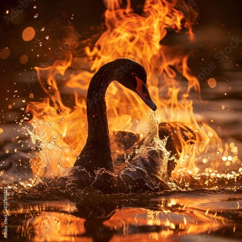 Dramatic Image of a Black Swan Engulfed in Flames Representing Financial Crisis
