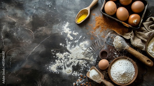 Baking Ingredients on Rustic Dark Background