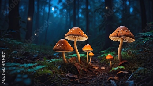 Mushrooms in the forest at night.