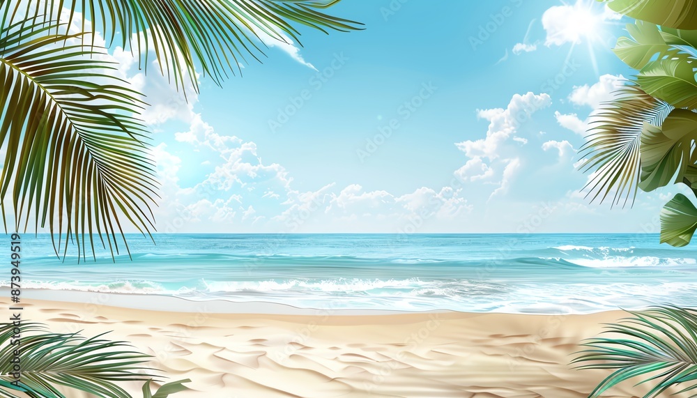Beautiful Summer Beach Background with Palm Leaves and Ocean View Beautiful Summer Beach Background with Palm Leaves and Ocean View