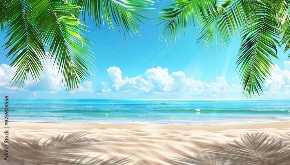 Beautiful Summer Beach Background with Palm Leaves and Ocean View Beautiful Summer Beach Background with Palm Leaves and Ocean View