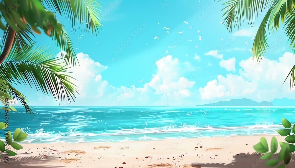 Beautiful Summer Beach Background with Palm Leaves and Ocean View Beautiful Summer Beach Background with Palm Leaves and Ocean View