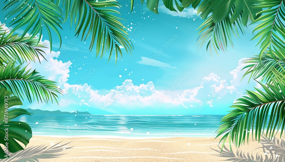 Beautiful Summer Beach Background with Palm Leaves and Ocean View Beautiful Summer Beach Background with Palm Leaves and Ocean View