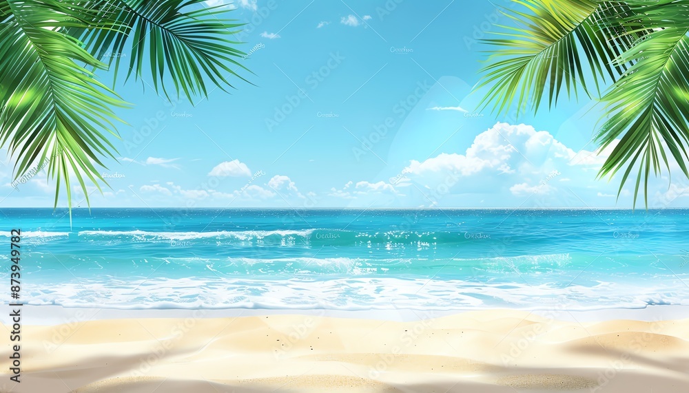 Beautiful Summer Beach Background with Palm Leaves and Ocean View Beautiful Summer Beach Background with Palm Leaves and Ocean View