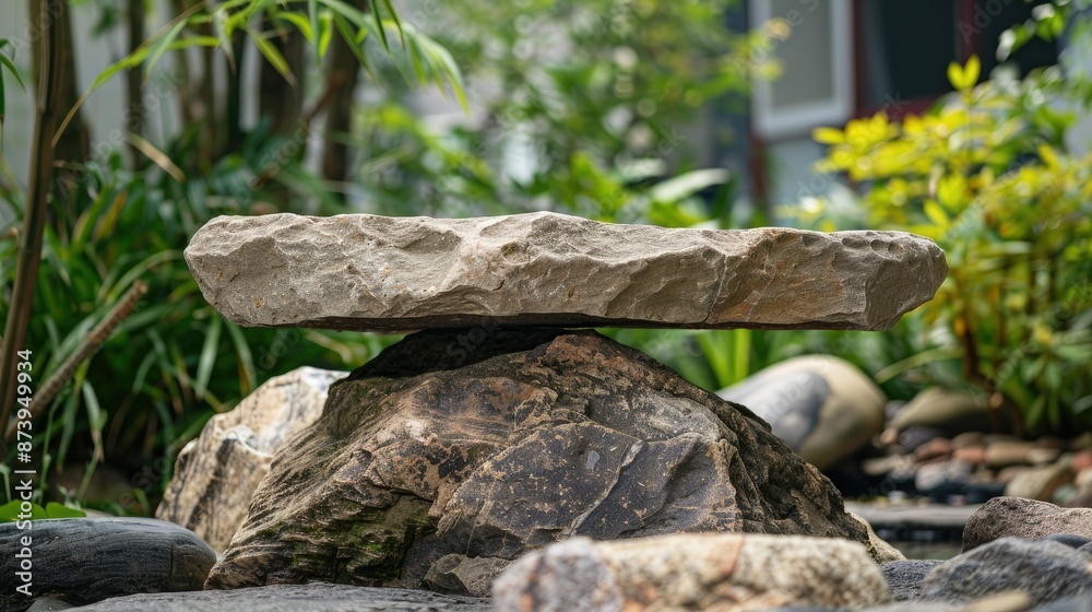 Obraz premium Minimalist stone pedestal on a natural rock base, ideal for product display