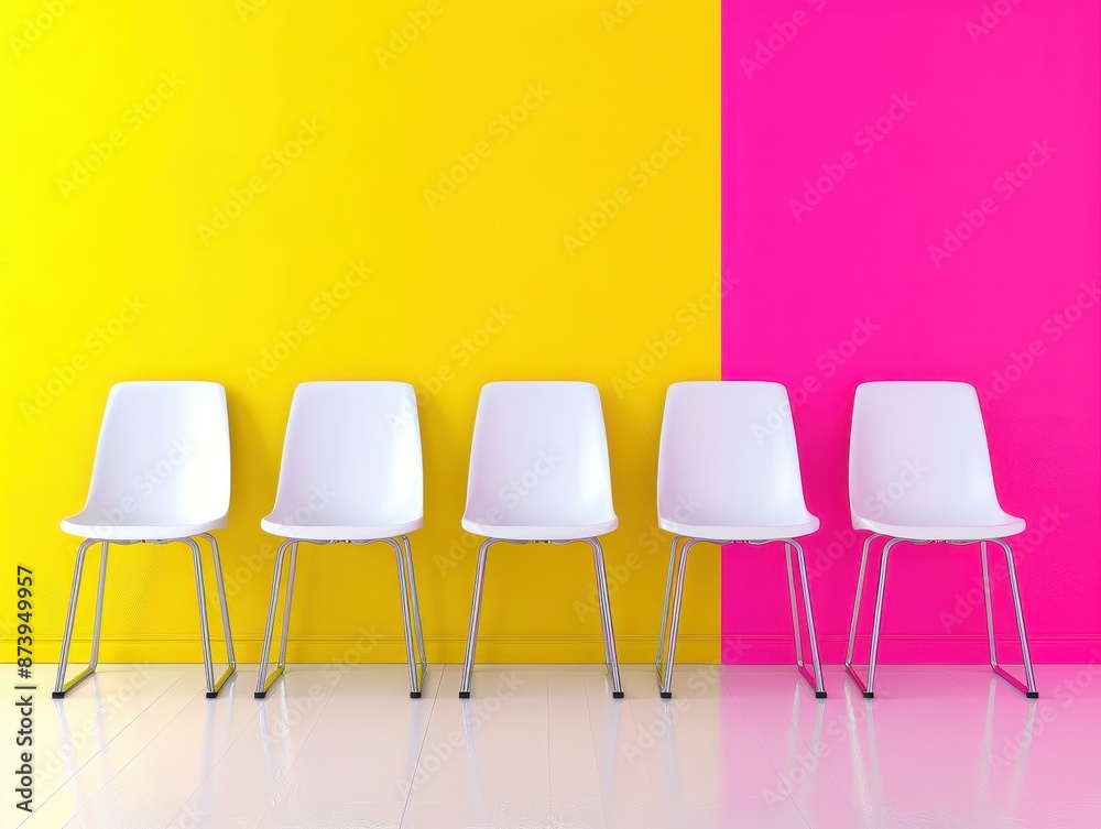 Obraz premium A row of white chairs are lined up against a yellow wall. The chairs are empty, and the room is bright and cheerful. The chairs are arranged in a row, with the first chair on the left