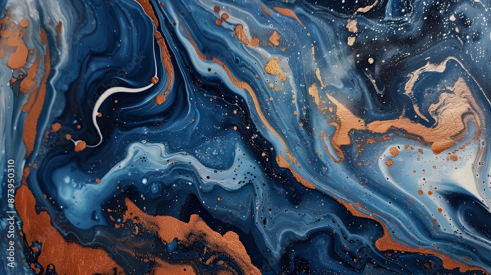 Modern fluid art with marble technique, showing dynamic swirls of navy blue, copper, and white Modern fluid art with marble technique, showing dynamic swirls of navy blue, copper, and white