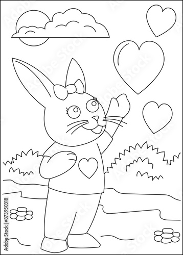 rabbit love and affection theme coloring book page