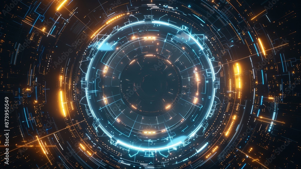 An abstract technology product showcase with a glowing yellow and blue color sci-fi circle circuit hud on a dark background. For technology, big data, deep machine learning, and crypto currency. An abstract technology product showcase with a glowing yellow and blue color sci-fi circle circuit hud on a dark background. For technology, big data, deep machine learning, and crypto currency.