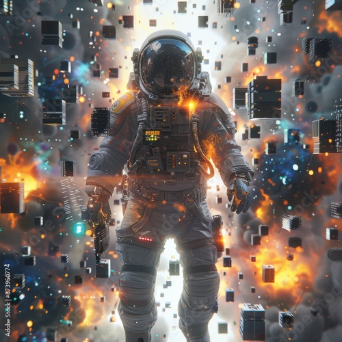 A science fiction scene with astronauts under giant city colony planets in outer space: return to home world.