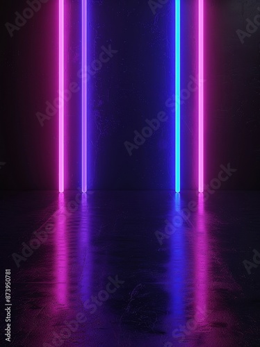 A 3D rendering of a vertical glowing line isolated on black background. Neon light beams. An abstract minimal geometric design. A virtual reality technology graphics. An ultra violet spectrum. © Mark