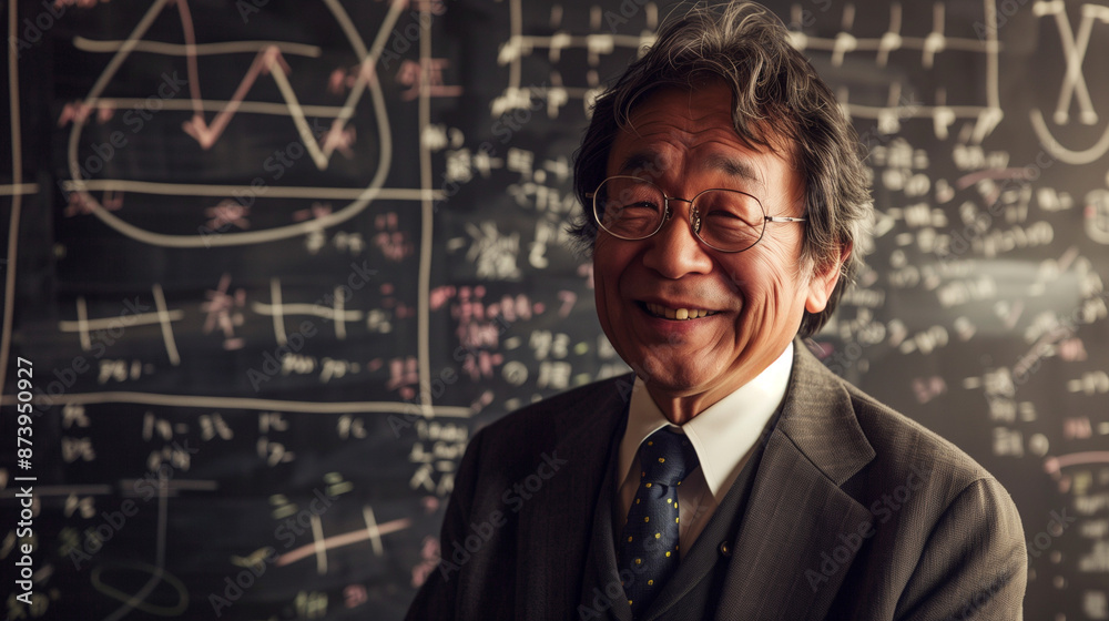 Japanese businessman smiling with math equations on black board Japanese businessman smiling with math equations on black board
