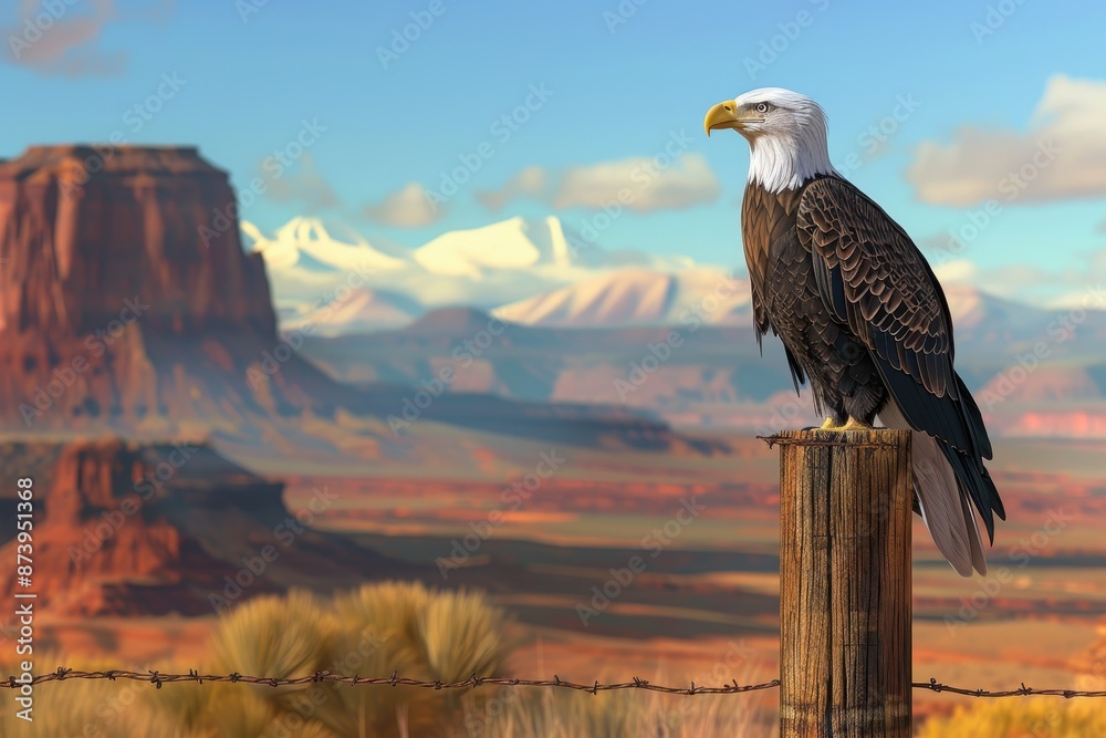 Fototapeta premium A bald eagle is perched on a wooden post in the desert