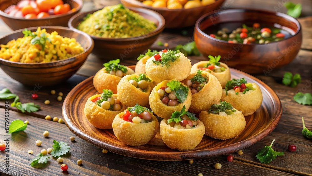 A vibrant and delicious Indian street food dish called Pani Puri, Indian cuisine, street food, snack, golgappa, chaat A vibrant and delicious Indian street food dish called Pani Puri, Indian cuisine, street food, snack, golgappa, chaat