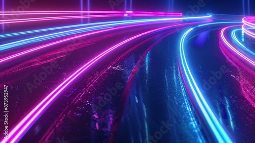 Fantastic wallpaper featuring laser rays on an abstract neon background with ascending pink and blue glows.