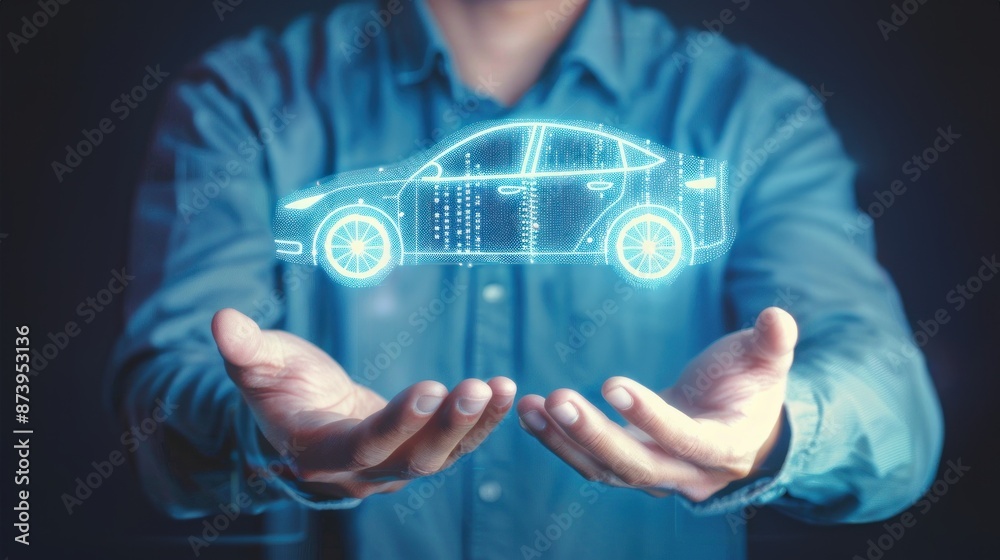 Obraz premium A man in blue shirt holding virtual glowing car icon illustrating futuristic transportation and technology concept