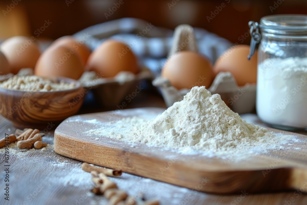 Flour spilling from a wooden cutting board with eggs and oats in the background Flour spilling from a wooden cutting board with eggs and oats in the background