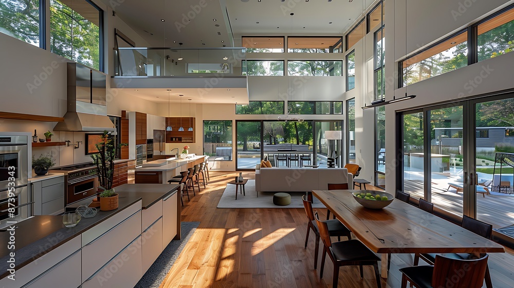 A spacious modern home interior with an open-concept layout, seamlessly integrating the living, dining, and kitchen areas A spacious modern home interior with an open-concept layout, seamlessly integrating the living, dining, and kitchen areas