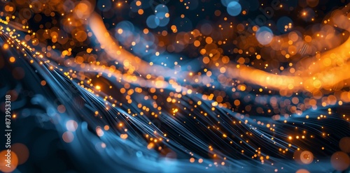 The abstract background is blue and orange with fiber optic lights.