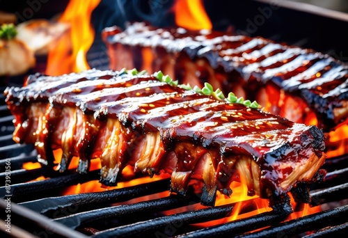 succulent glazed pork ribs sizzling barbecue grill, juicy, marinated, tender, savory, flavorful, charred, smoky, mouthwatering, grilled, cooked, tasty photo