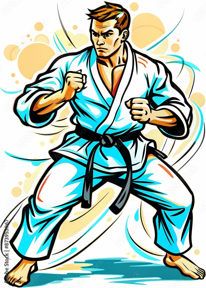 Intense Karate Action: Martial Artist Demonstrating Technique, perfect for use in martial arts tutorials, dojo promotional materials, fitness magazines, or sports psychology presentations. Intense Karate Action: Martial Artist Demonstrating Technique, perfect for use in martial arts tutorials, dojo promotional materials, fitness magazines, or sports psychology presentations.