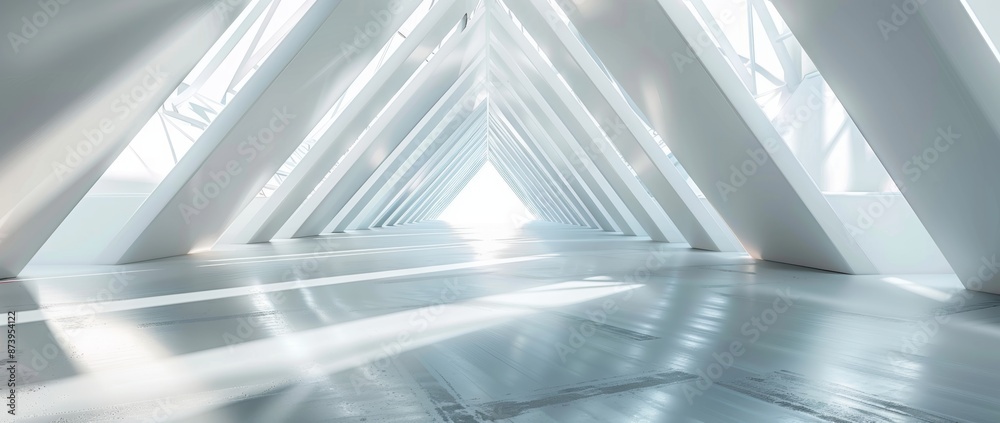 3D rendering of an empty long light corridor. It has a modern white background and is surrounded by a futuristic sci-fi triangle tunnel. 3D rendering of an empty long light corridor. It has a modern white background and is surrounded by a futuristic sci-fi triangle tunnel.