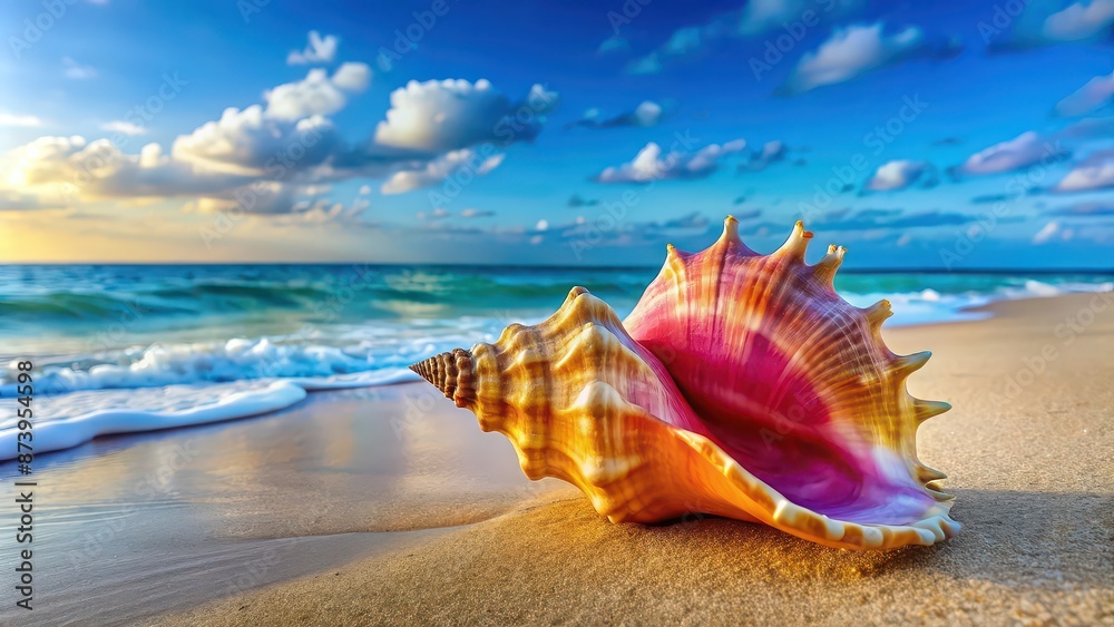 Colorful conch shell resting on a sandy beach, representing nature serenity and romanticism, conch shell, colorful Colorful conch shell resting on a sandy beach, representing nature serenity and romanticism, conch shell, colorful